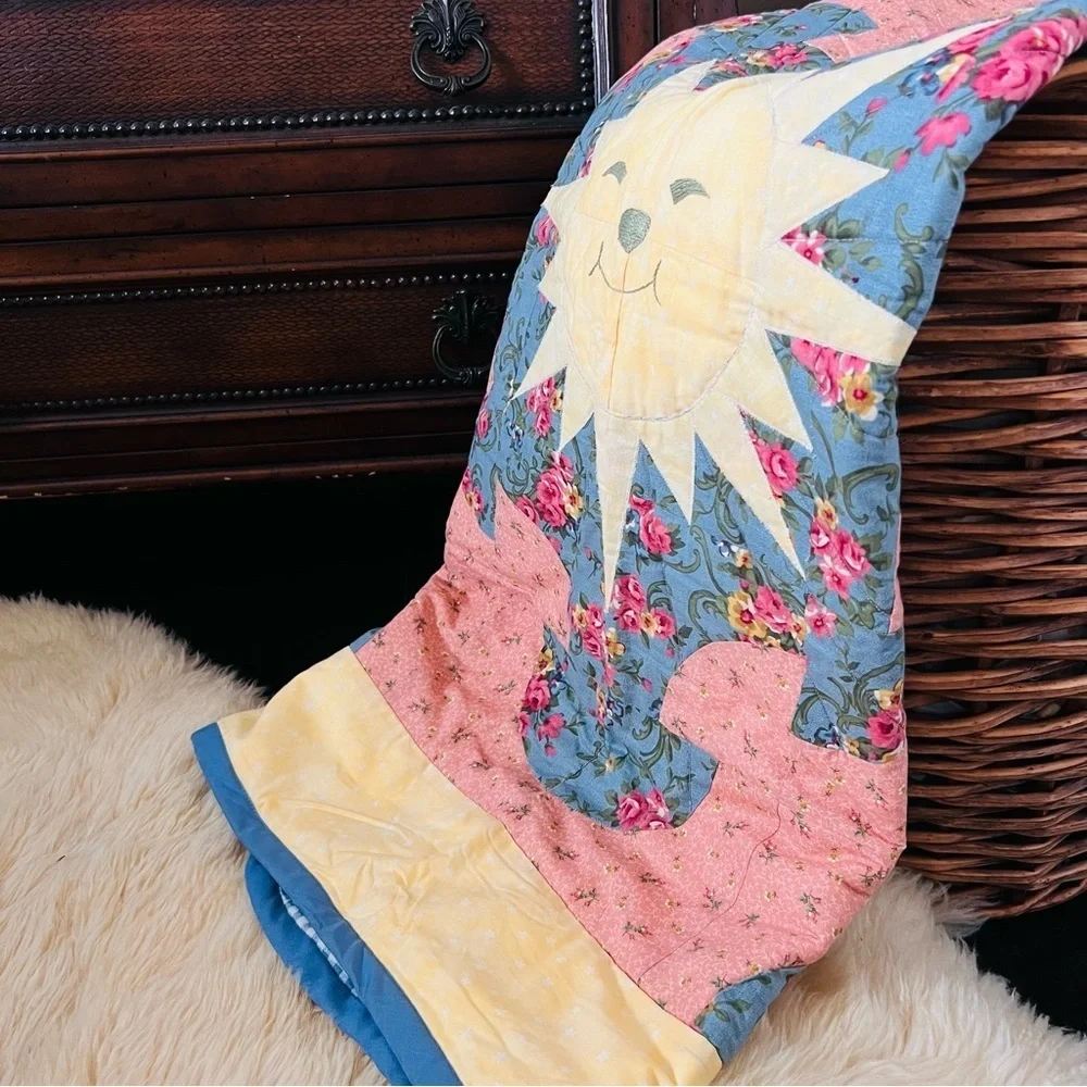New Handmade Floral Sunburst Quilt - Pink, Blue, Yellow